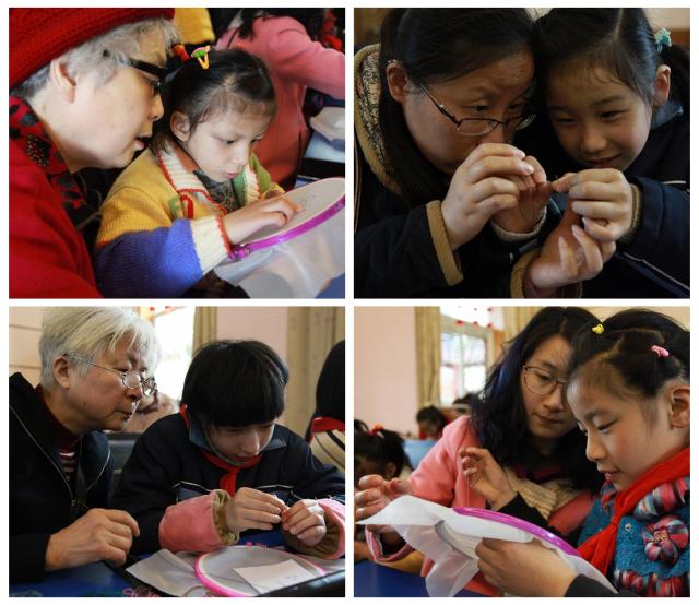 孩子和家长认真学习手工刺绣 孩子和家长认真学习手工刺绣